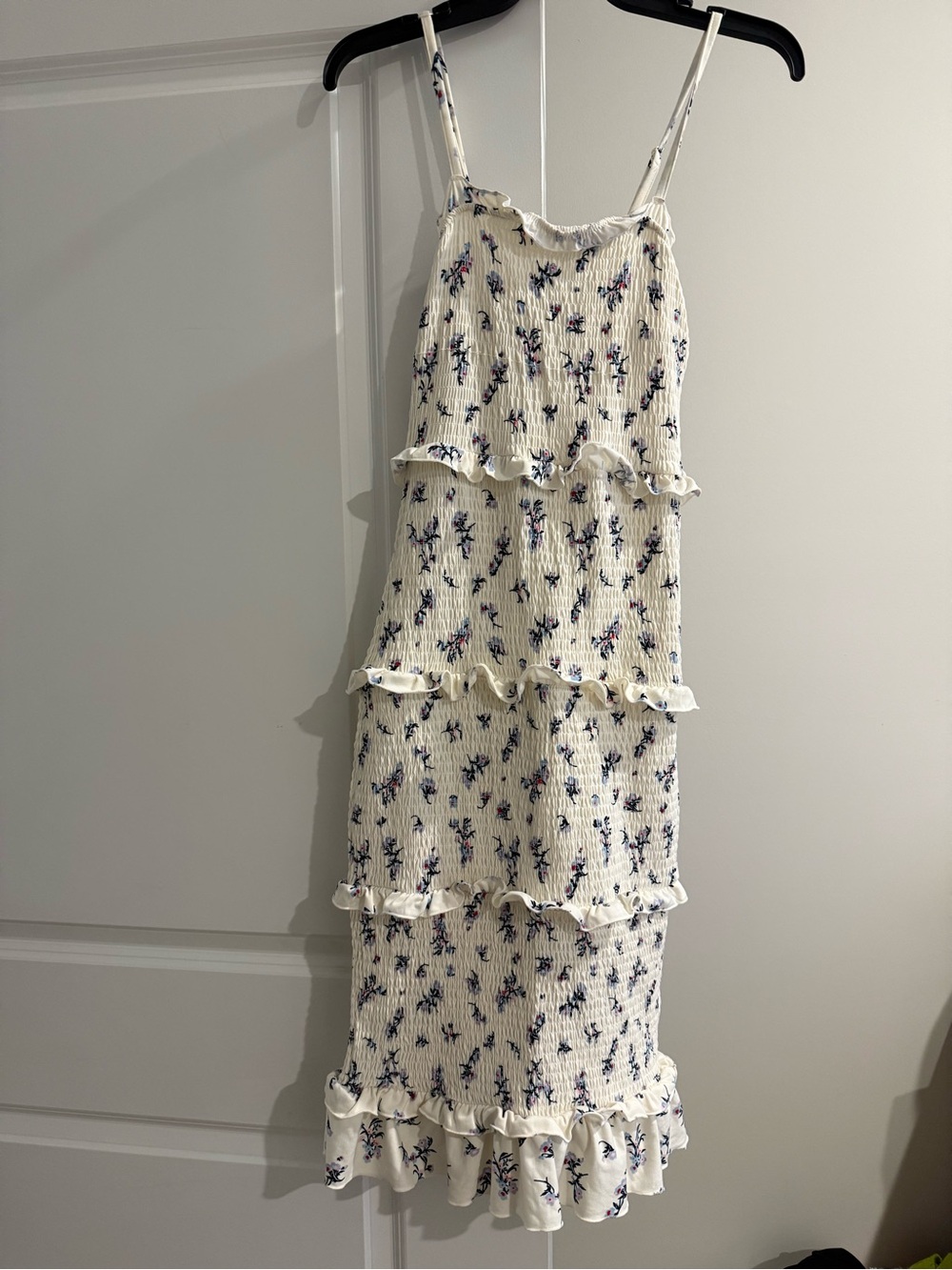 Cream Floral Ruffle Tiered Sundress with Blue Accents